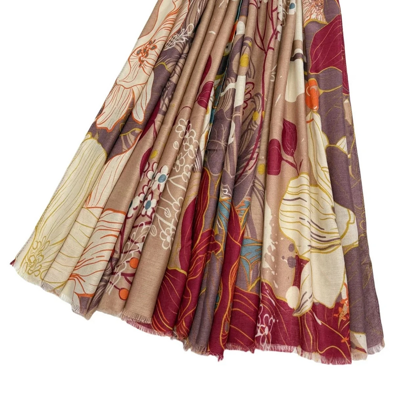 Beautiful Lily Flower Border Print Frayed Scarf