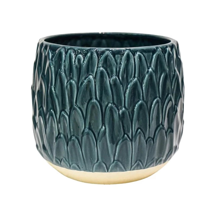Arles Leaf Embossed Teal Planter H17Cm W18Cm