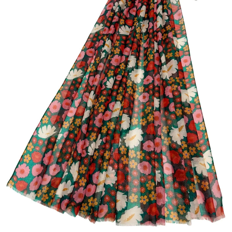 Mixed Daisy Print Frayed Scarf