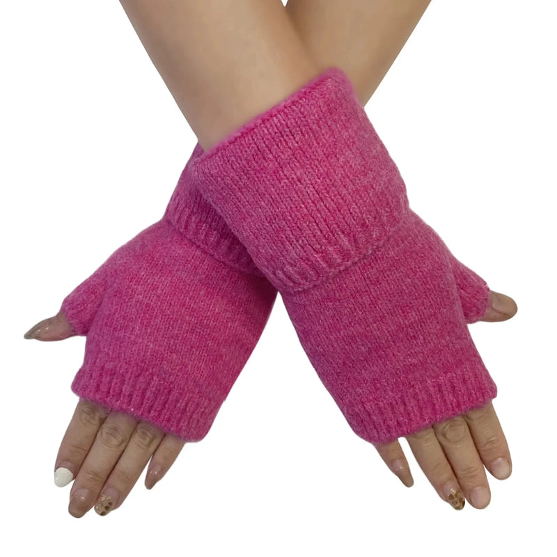 Pink Wool Knitted Wrist Warmer Gloves