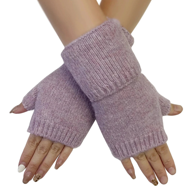 Lilac Wool Knitted Wrist Warmer Gloves