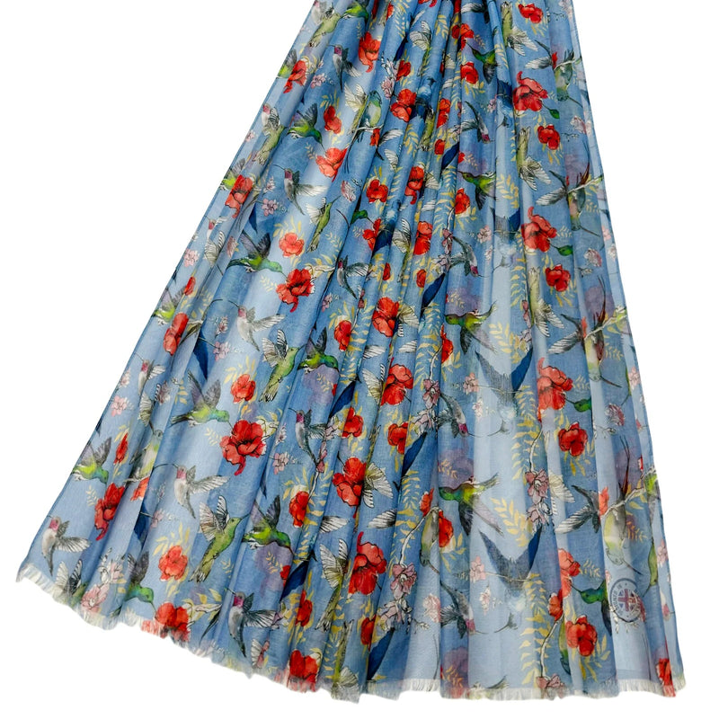Hummingbird & Floral Print Frayed Scarf (Blue)
