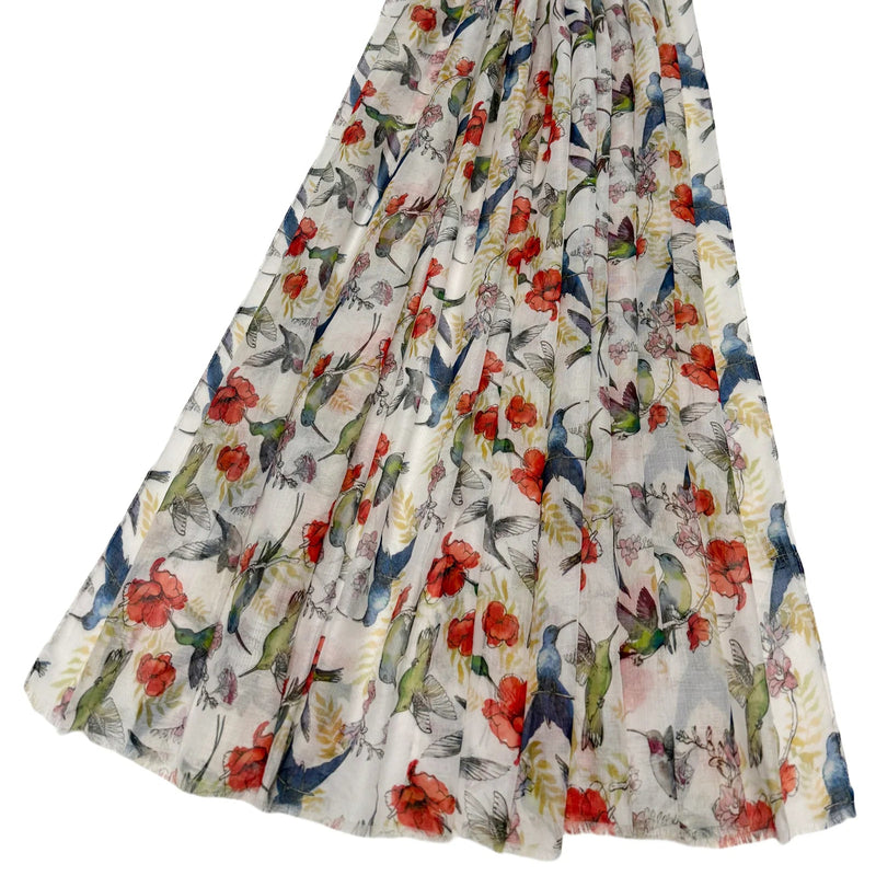 Hummingbird & Floral Print Frayed Scarf (White)