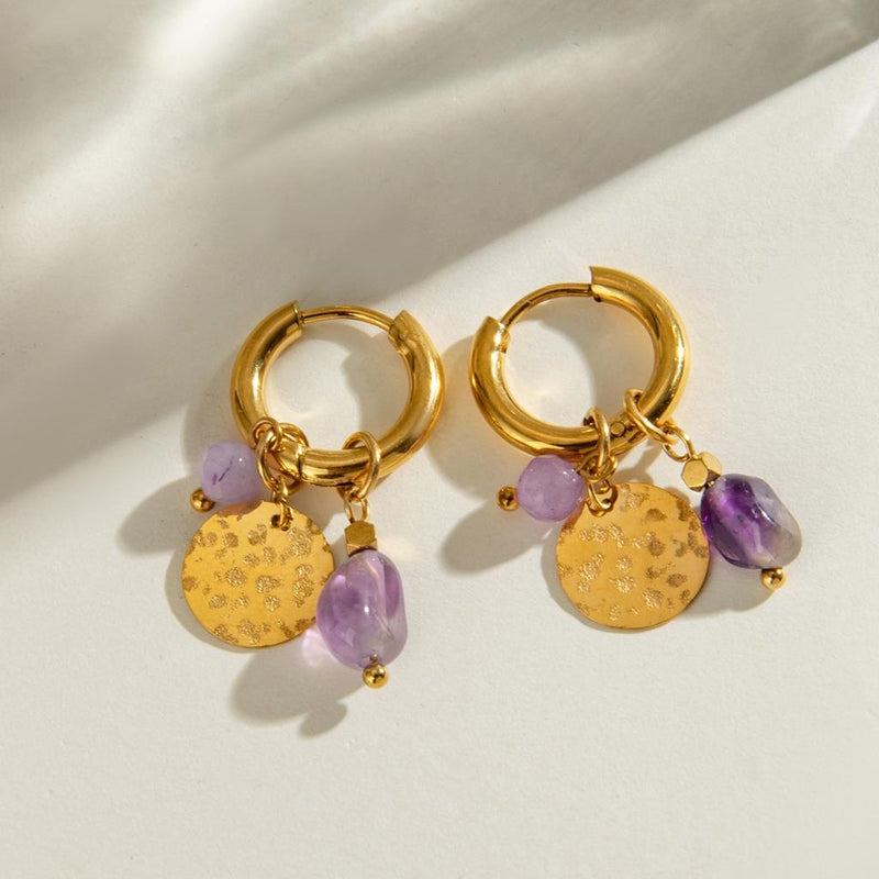 Natural Stone & Disc Drop Huggie Earring in Amethyst & Gold