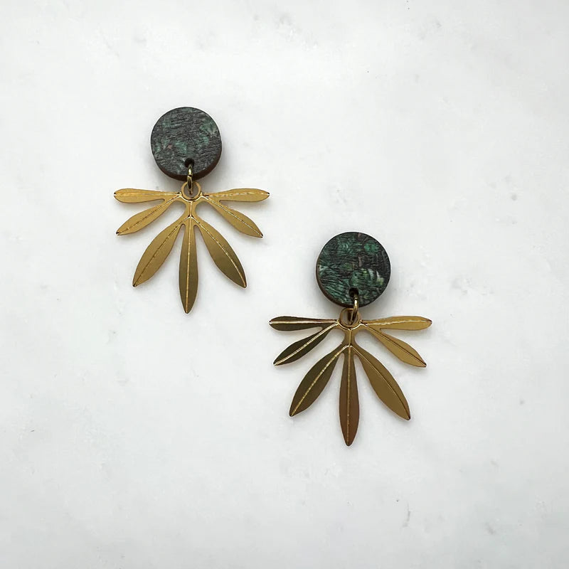 Gold Fan Palm Leaf Statement Drop Earrings