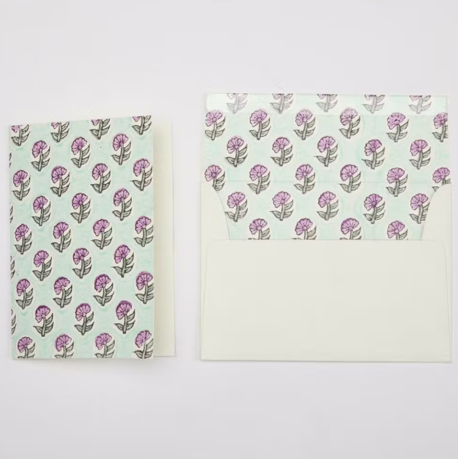 Daisy Teal Hand Block Printed Greeting Card