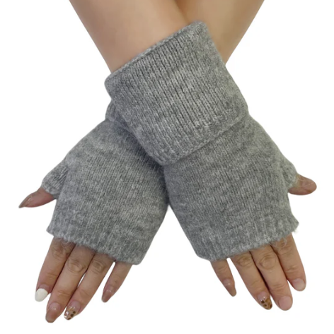 Grey Wool Knitted Wrist Warmer Gloves