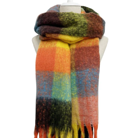 Black, Orange & Yellow Print Wool Tassel Scarf