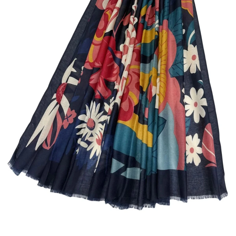 Bold Mixed Floral Print Frayed Scarf