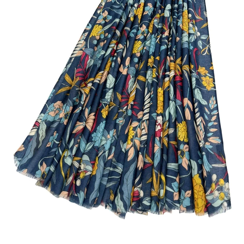 Botanical Mixed Floral Print Frayed Scarf
