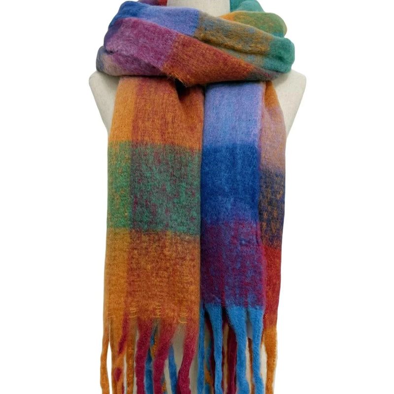 Multi Check Print Wool Tassel Scarf