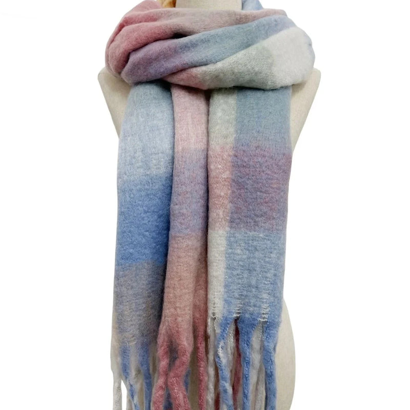 Pink & Blue Print Wool Tassel Scarf