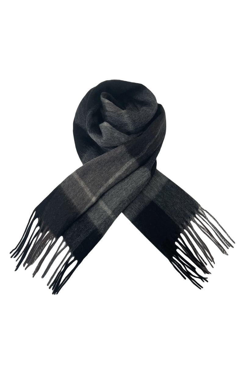 Black Stripe Check Wool Tassel Scarf