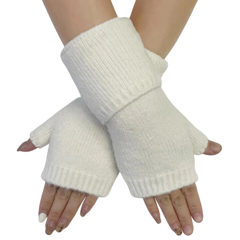 Cream Wool Knitted Wrist Warmer Gloves