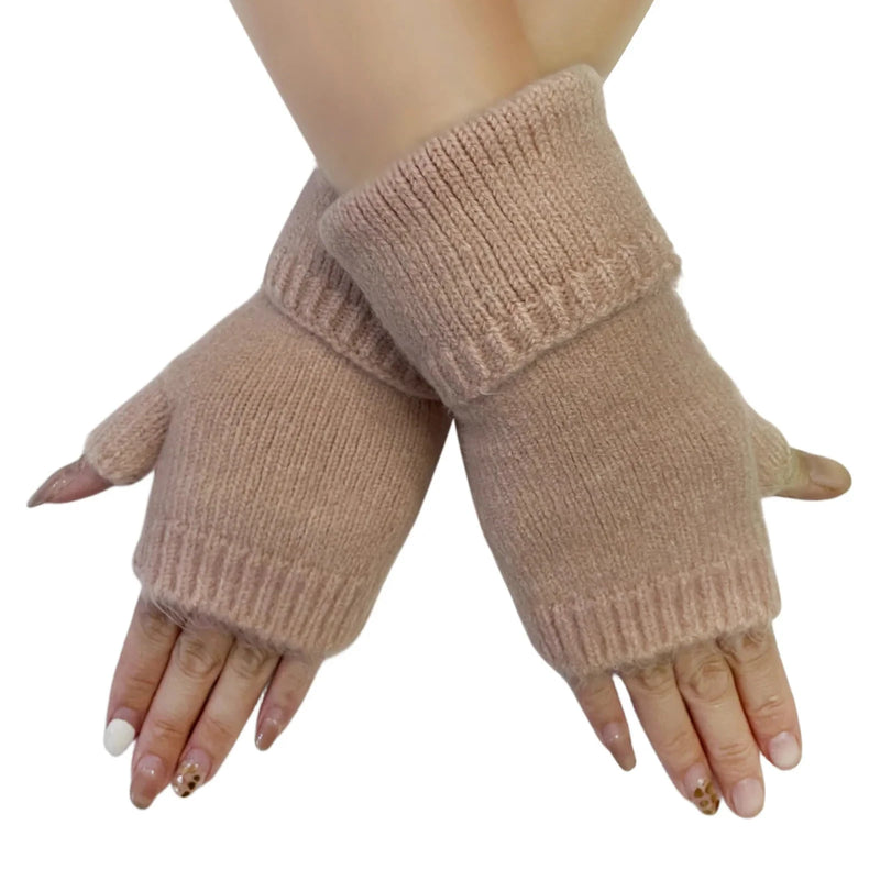 Nude Pink Wool Knitted Wrist Warmer Gloves