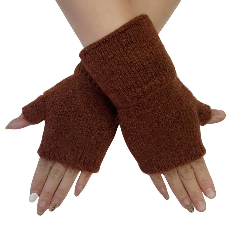 Rust Wool Knitted Wrist Warmer Gloves