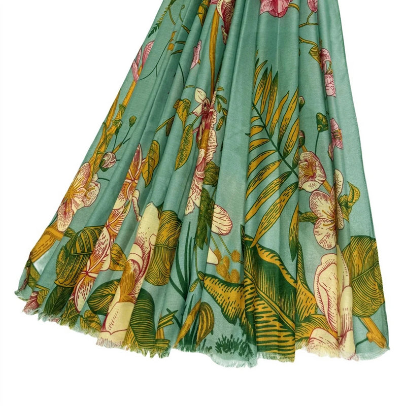 Bold Camellia Flower Print Frayed Scarf