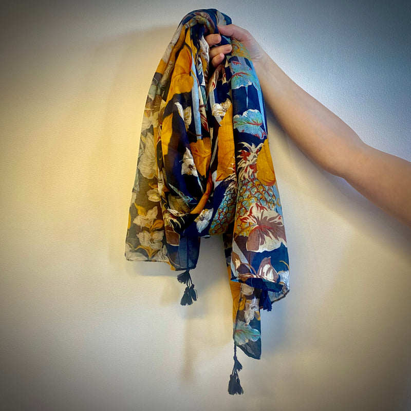 Navy Pineapple & Floral Tassel Scarf