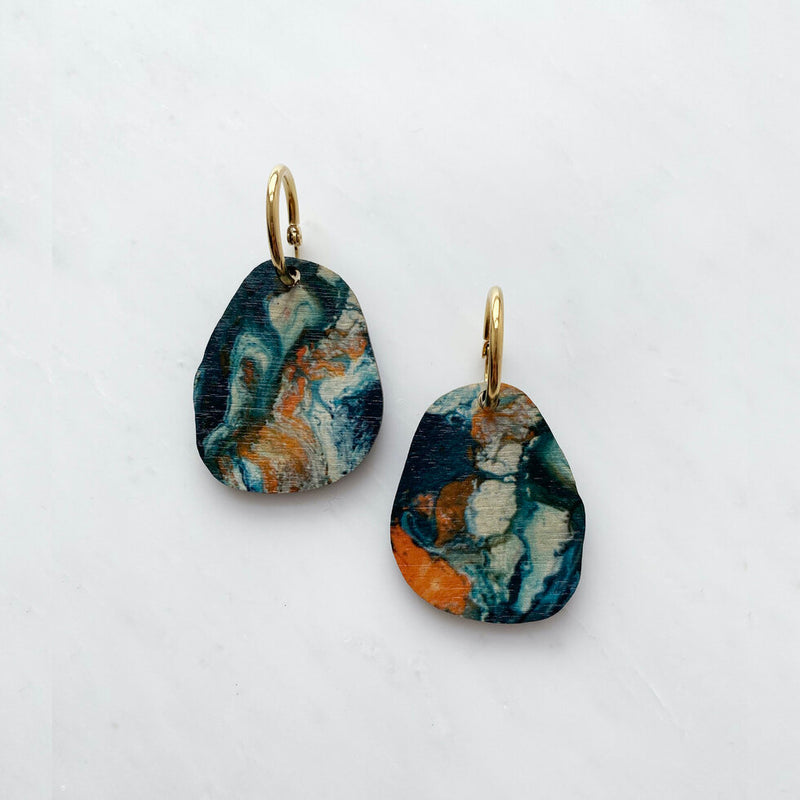 Teal & Orange Marble Pebble Hoops