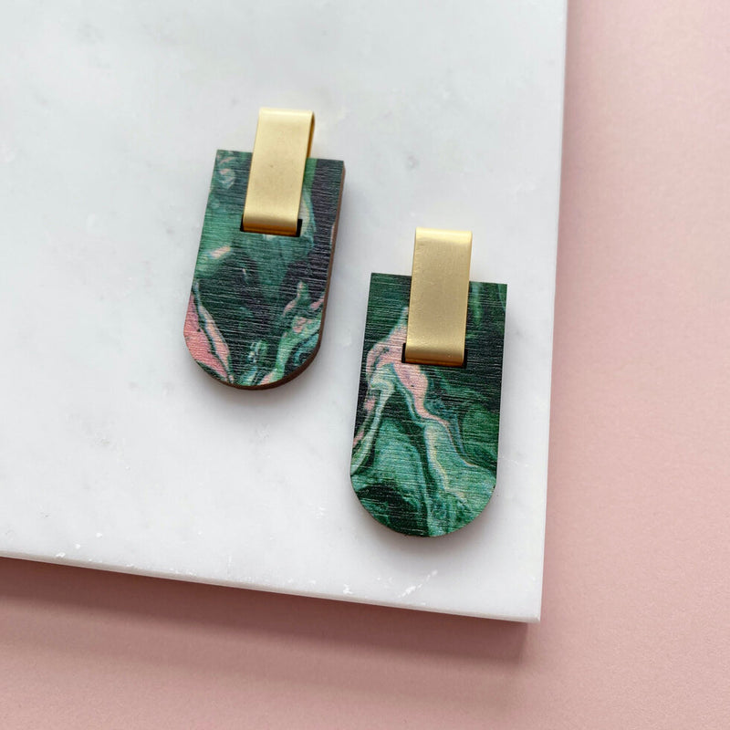 Green & Pink Long Arc Stud Earrings