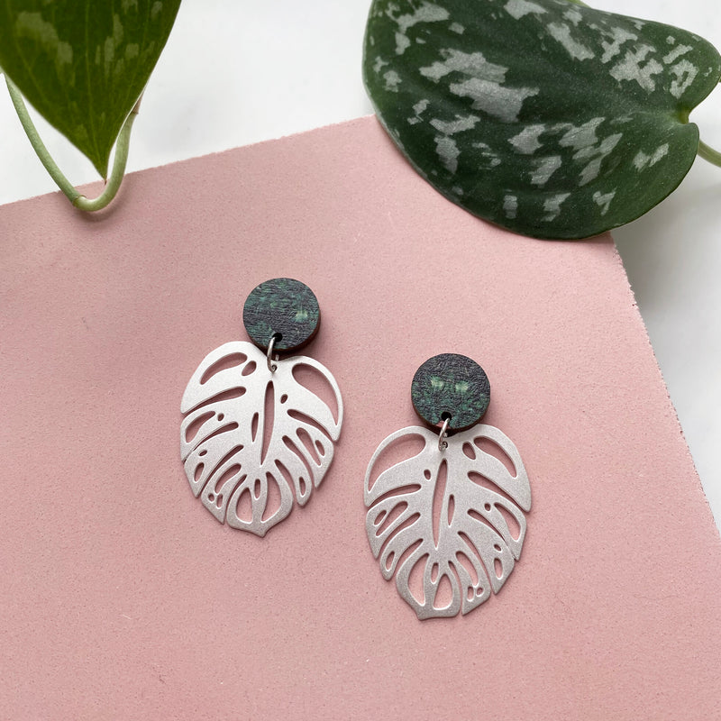 Silver Monstera Drop Earrings