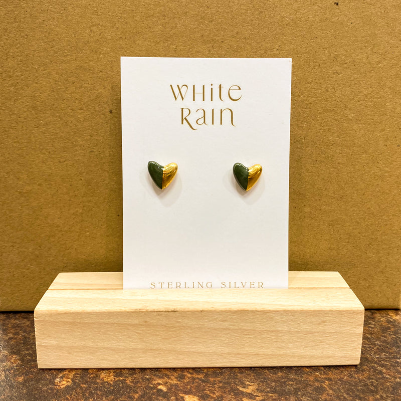 Dark Green and Gold Heart Stud Earrings