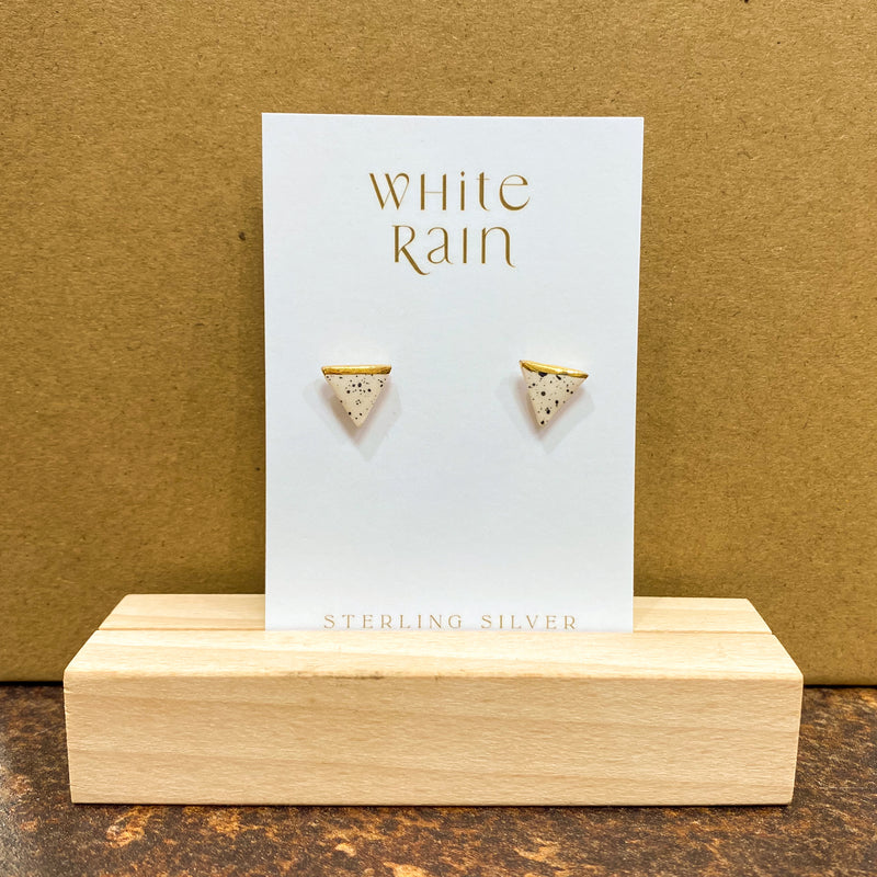 Speckled White and Gold Triangle Stud Earrings