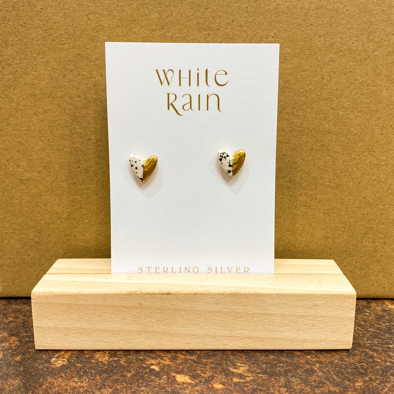 Speckled White and Gold Heart Stud Earrings