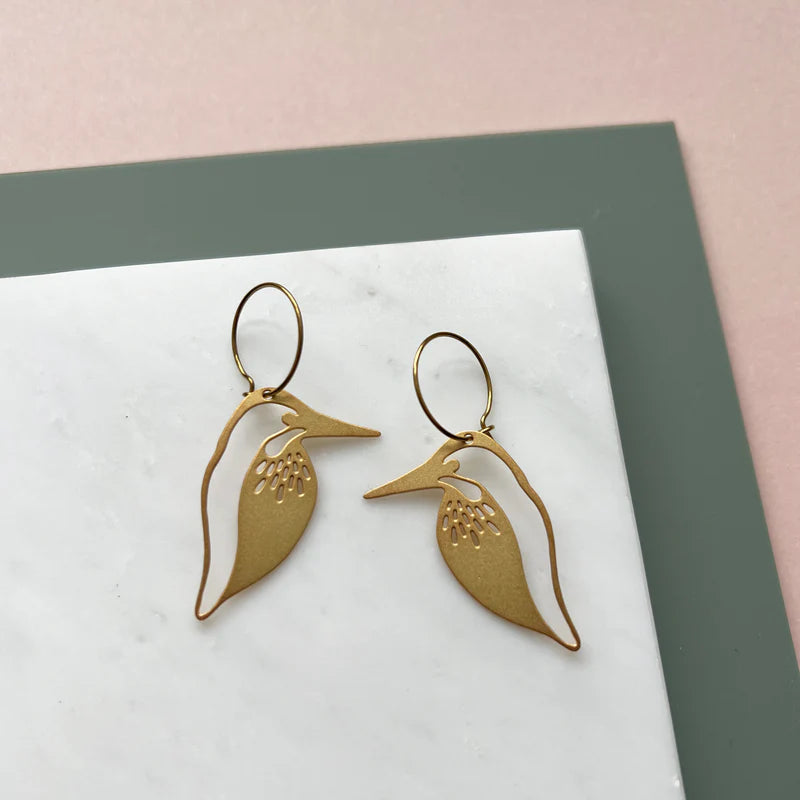 Gold Kingfisher Bird Hoop Earrings