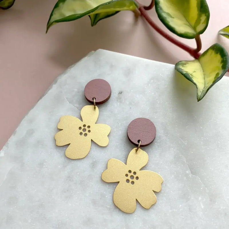 Pink & Gold Flower Drop Studs