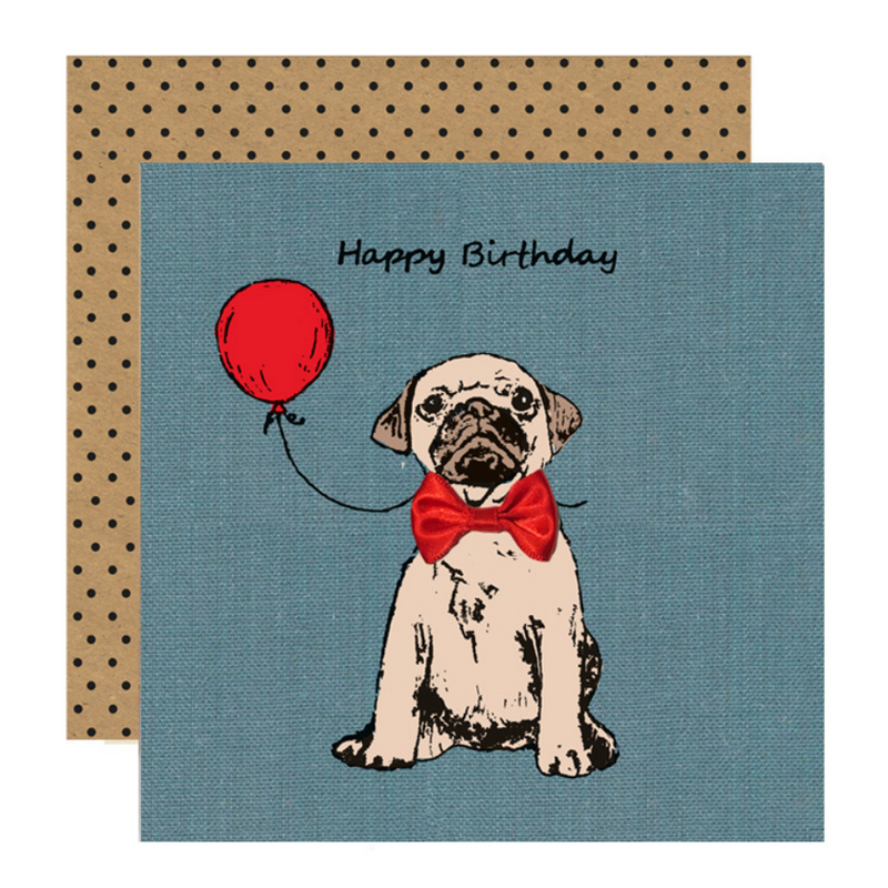 Pug with Red Balloon Birthday Card