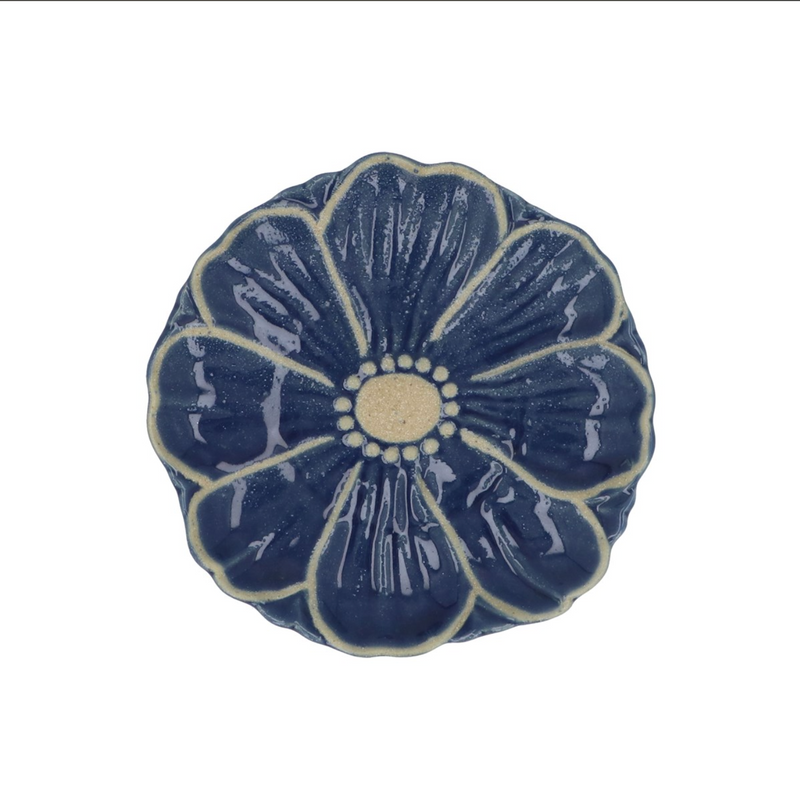 Navy Stoneware Flower Ceramic Dish