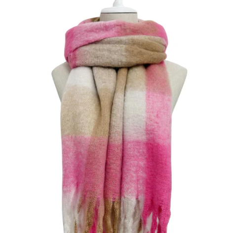 Pink & Beige Print Wool Tassel Scarf