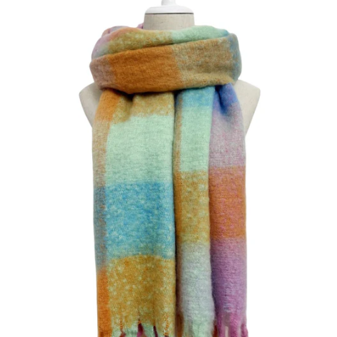 Pink, Green & Orange Print Wool Tassel Scarf
