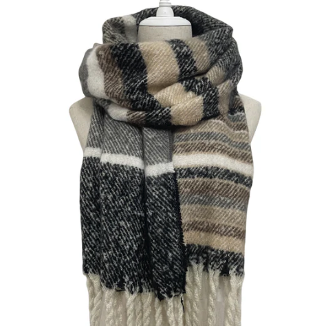 Multi Stripe Blanket Tassel Scarf- Black/Beige