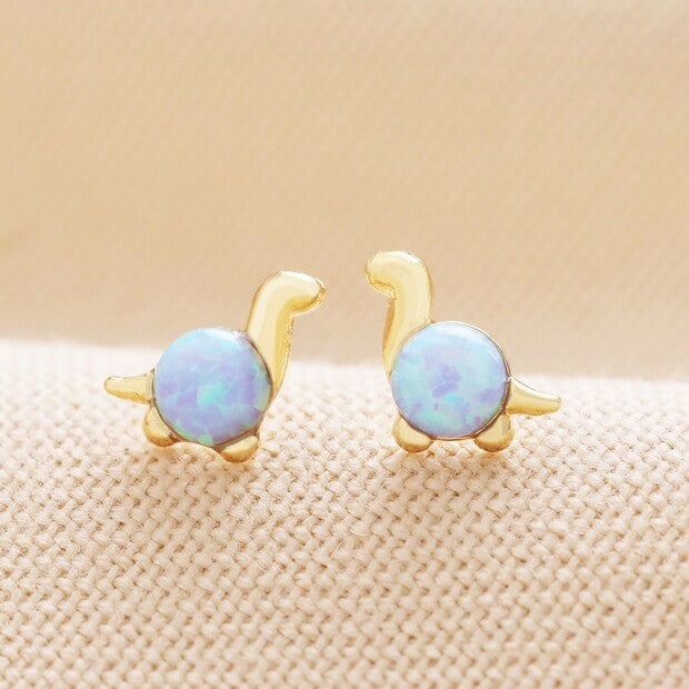 Blue Opal Dinosaur Stud Earrings in Gold