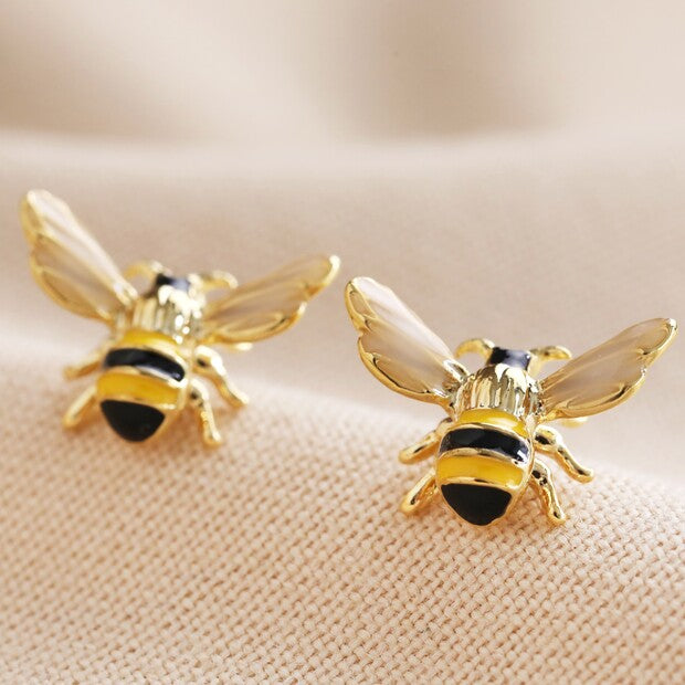 Gold and Enamel Bumblebee Stud Earrings