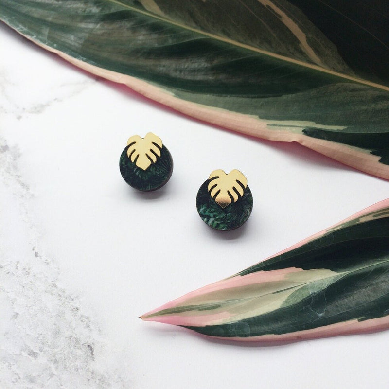 Green & Gold Monstera Circle Studs