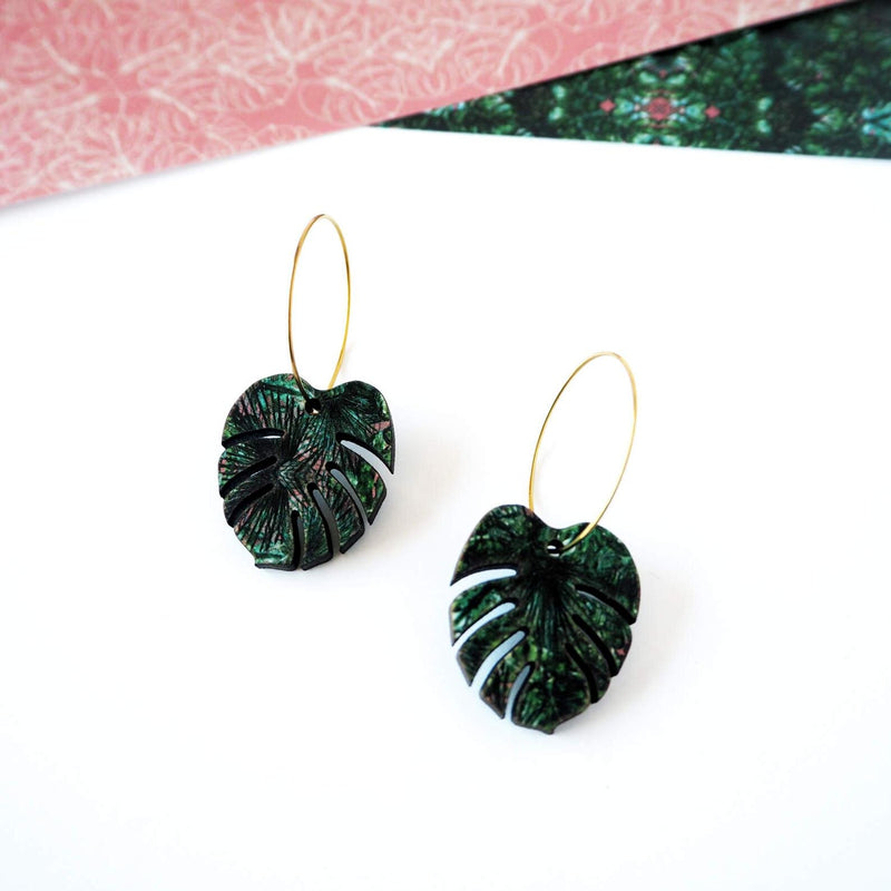 Green Monstera Hoop Earrings