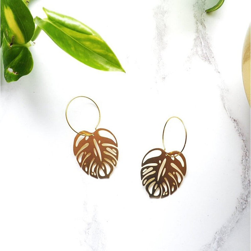 Monstera Hoop Earrings - Gold