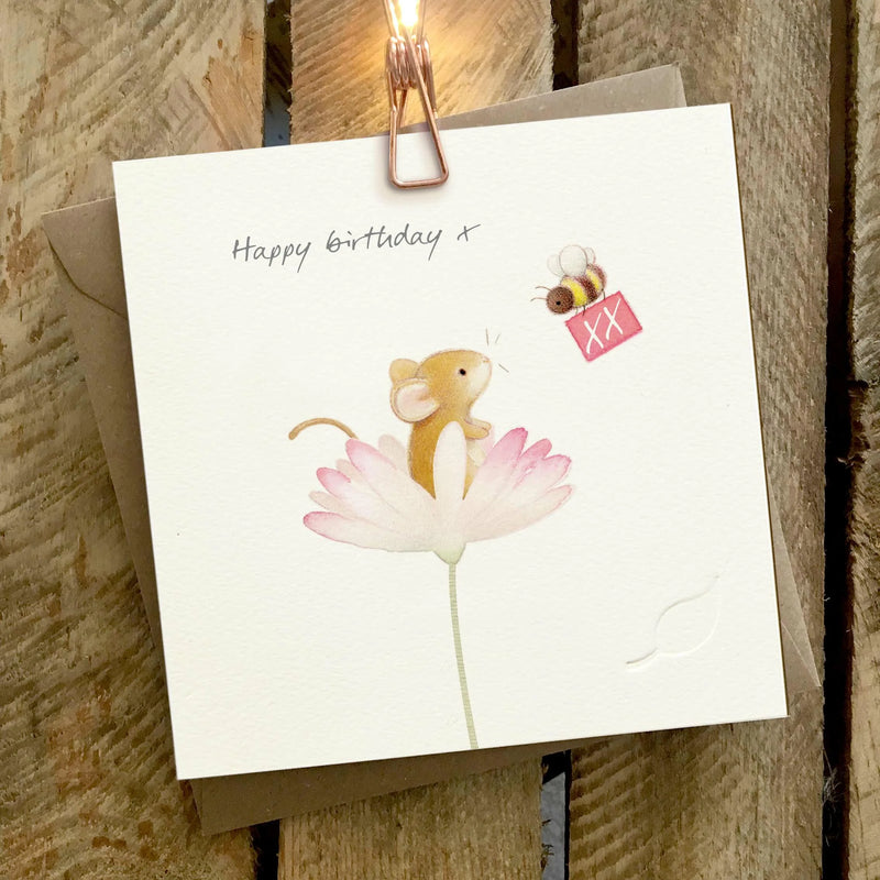 Happy Birthday Card - Mouse in Flower