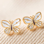 White Enamel Butterfly Stud Earrings in Gold