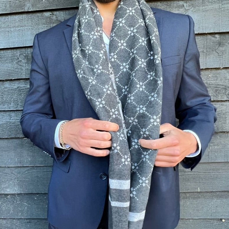 Grey Lattice & Stripe Bamboo Scarf