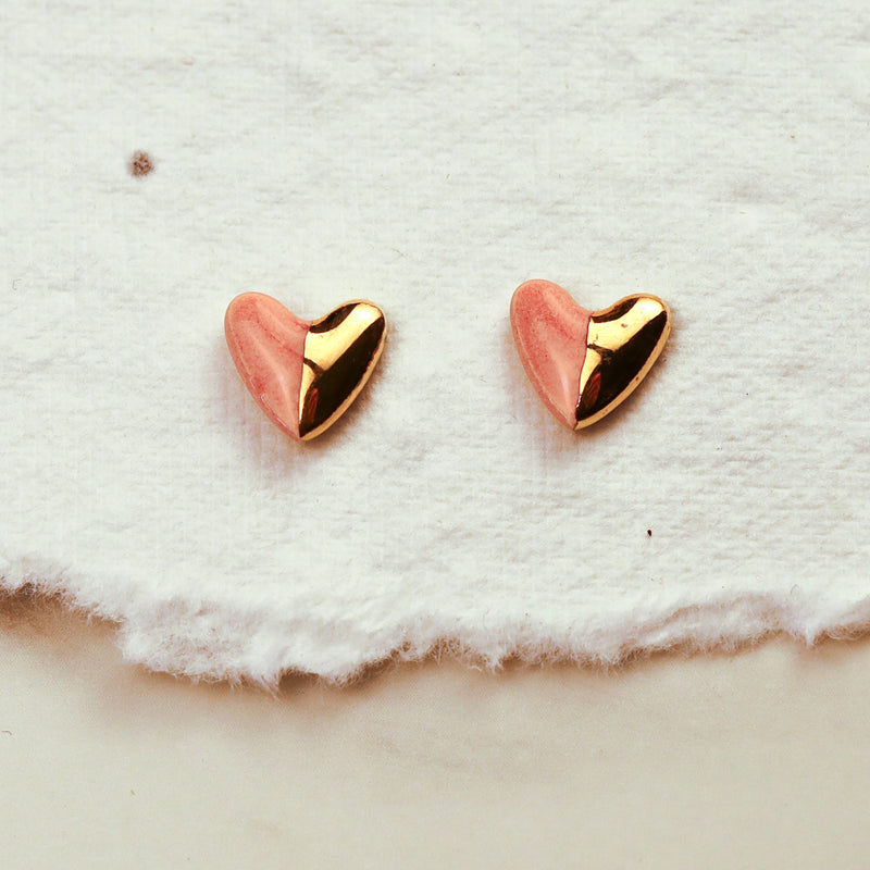 Pink and Gold Heart Stud Earrings